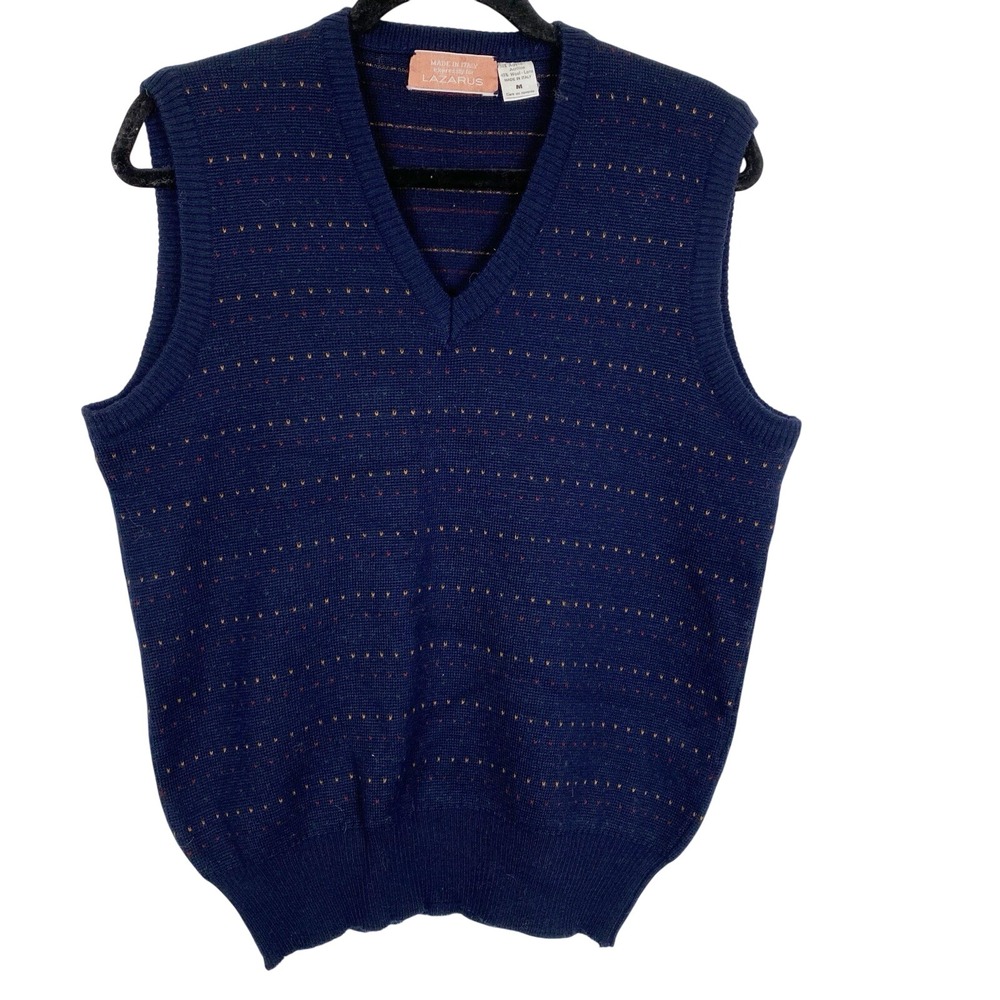 Lazarus Vintage Made in Italy Wool Blend V-Neck Sweater Vest‎ Mens Medium Navy